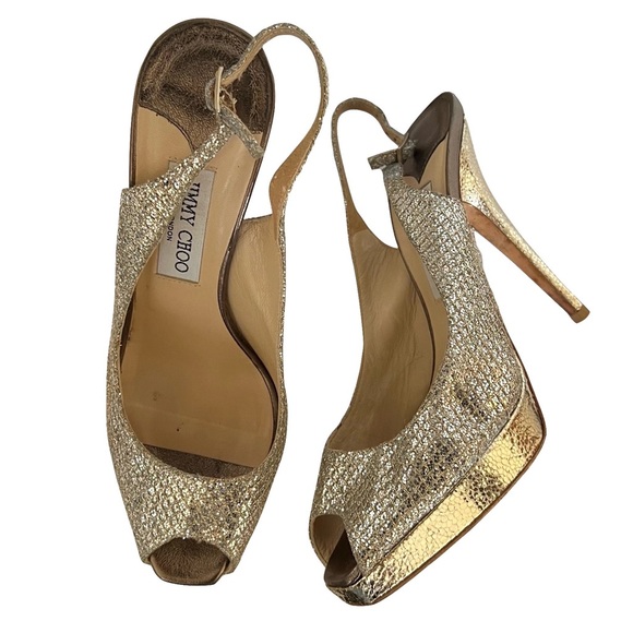 Jimmy Choo Leather Glitter Open Toe Sling Back Heels Champagne Gold Size 38.5 - Picture 2 of 14